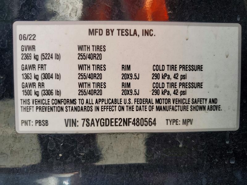 Photo 14 from auction – 2022 TESLA MODEL Y with VIN 7SAYGDEE2NF480564