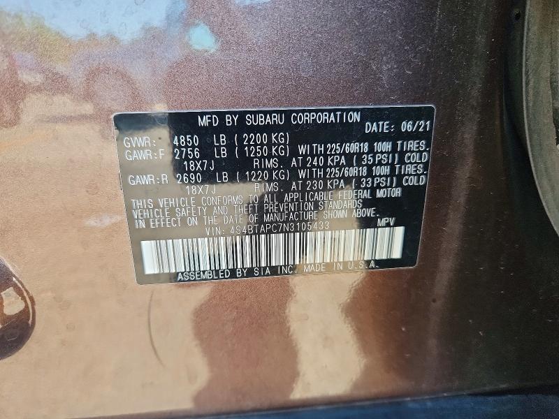Photo 14 from auction – 2022 SUBARU OUTBACK with VIN 4S4BTAPC7N3105433