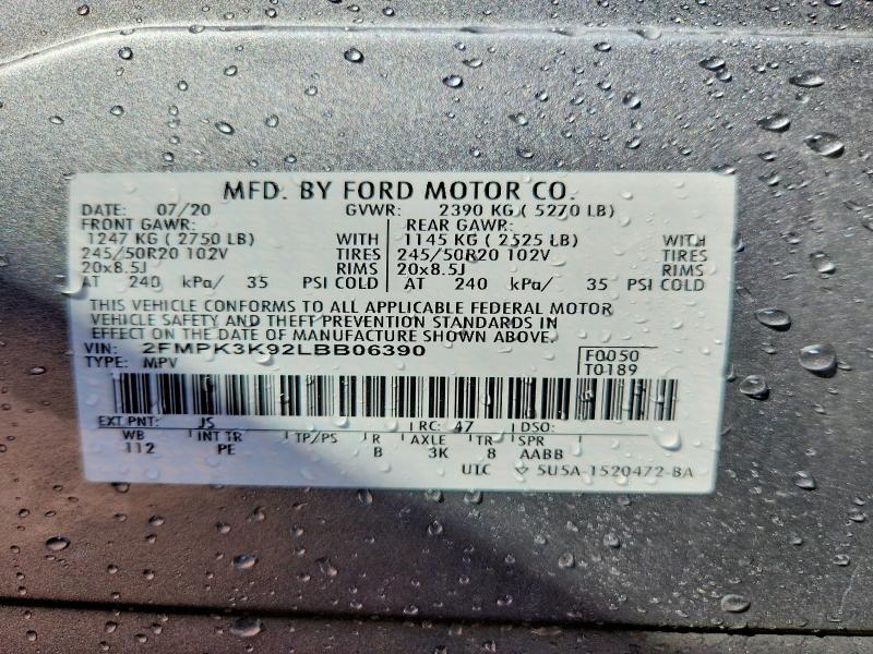 Photo 14 from auction – 2020 FORD EDGE with VIN 2FMPK3K92LBB06390