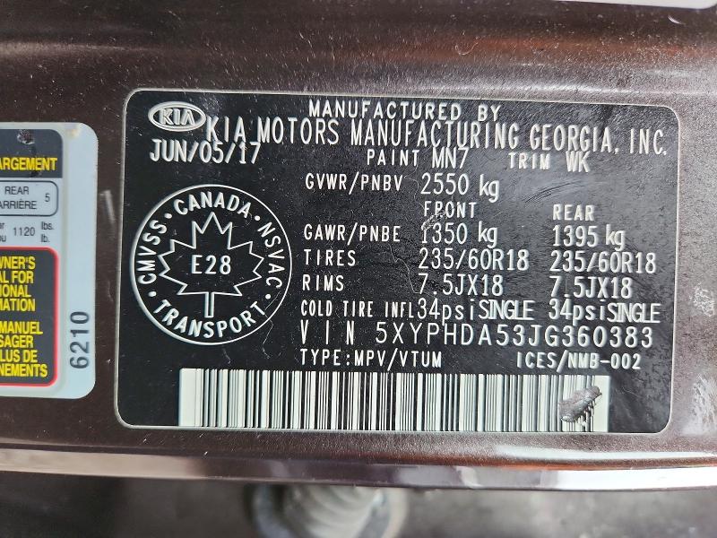 Photo 14 from auction – 2018 KIA SORENTO with VIN 5XYPHDA53JG360383