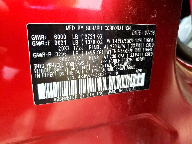 Photo 14 from auction – 2019 SUBARU ASCENT with VIN 4S4WMAHD8K3412580