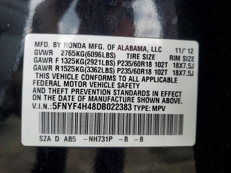Photo 14 from auction – 2013 HONDA PILOT with VIN 5FNYF4H48DB022383
