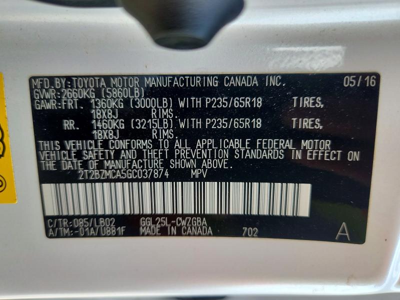 Photo 14 from auction – 2016 LEXUS RX 350 with VIN 2T2BZMCA5GC037874