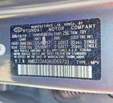 Photo 14 from auction – 2019 HYUNDAI TUCSON with VIN KM8J33A40KU069731