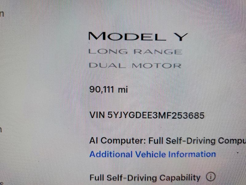 Photo 9 from auction – 2021 TESLA MODEL Y with VIN 5YJYGDEE3MF253685