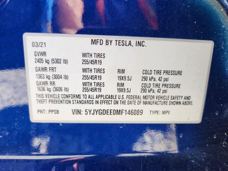 Photo 14 from auction – 2021 TESLA MODEL Y with VIN 5YJYGDEE0MF146089