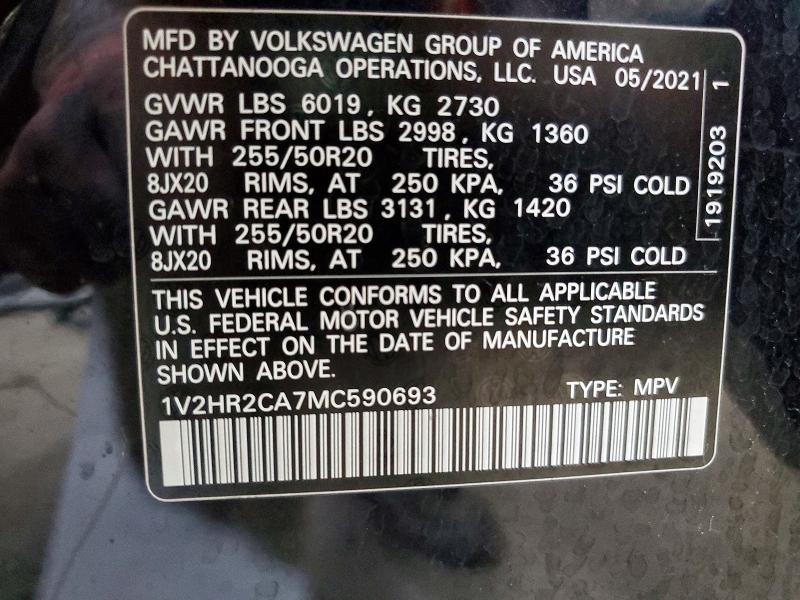Photo 14 from auction – 2021 VOLKSWAGEN ATLAS with VIN 1V2HR2CA7MC590693