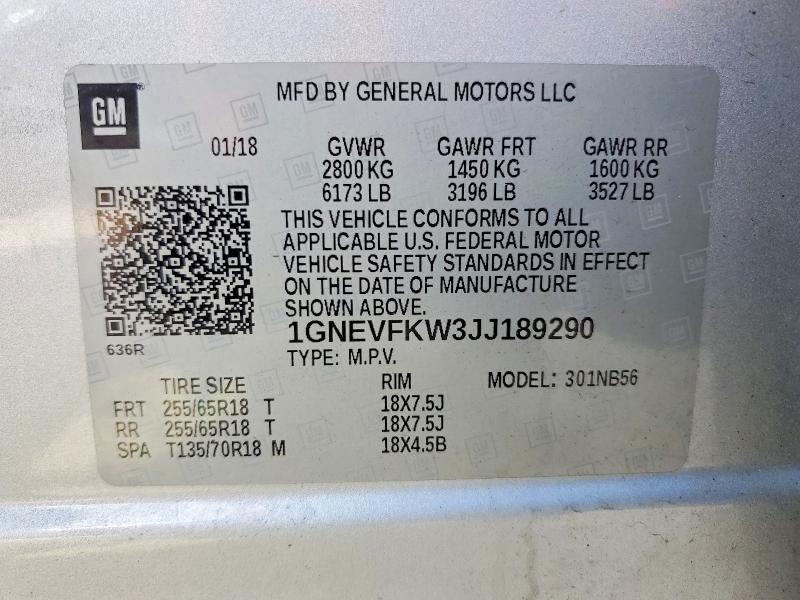 Photo 14 from auction – 2018 CHEVROLET TRAVERSE with VIN 1GNEVFKW3JJ189290
