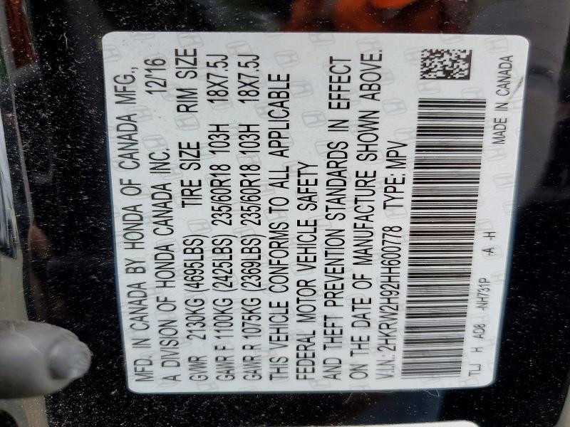Photo 14 from auction – 2017 HONDA CR-V with VIN 2HKRW2H92HH600778
