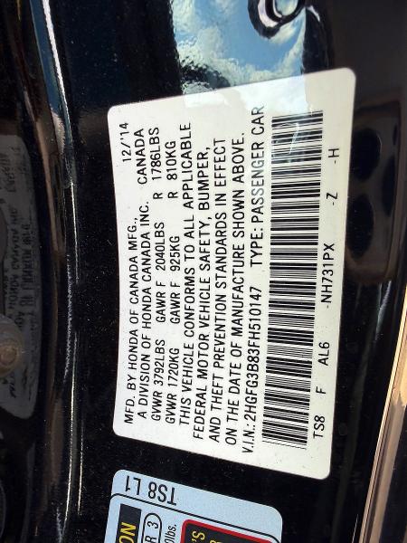 Photo 10 from auction – 2015 HONDA CIVIC with VIN 2HGFG3B83FH510147