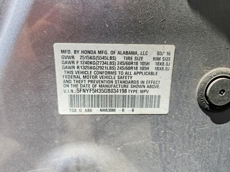 Photo 14 from auction – 2016 HONDA PILOT with VIN 5FNYF5H35GB034198
