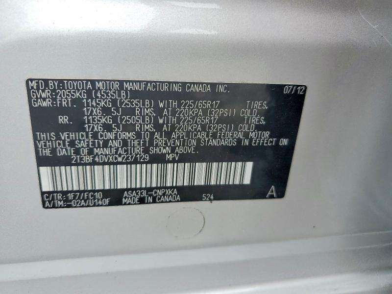 Photo 14 from auction – 2012 TOYOTA RAV4 with VIN 2T3BF4DVXCW237129