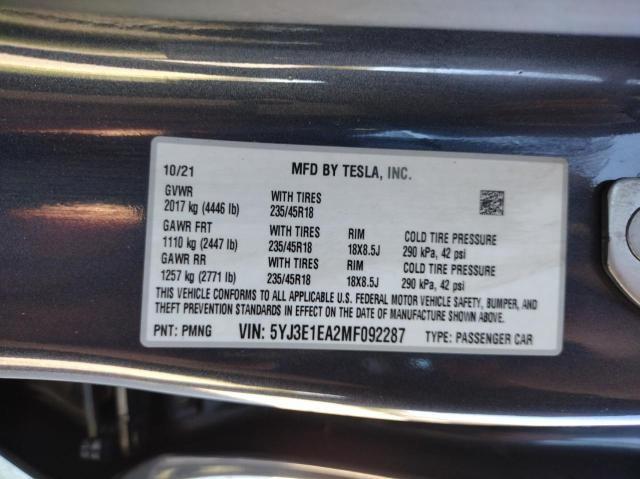 Photo 10 from auction – 2021 TESLA MODEL 3 with VIN 5YJ3E1EA2MF092287