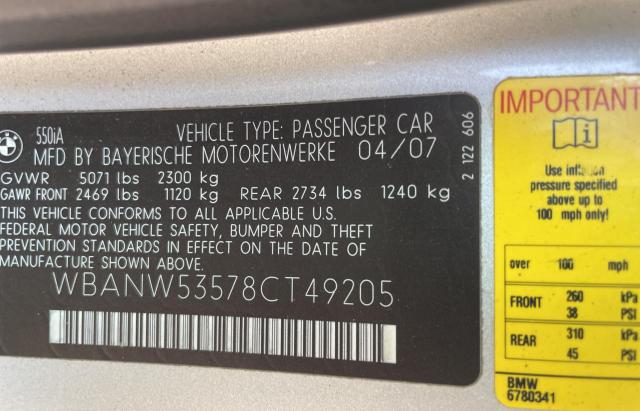 Photo 10 from auction – 2008 BMW 550 I with VIN WBANW53578CT49205