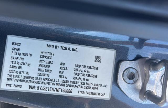 Photo 10 from auction – 2022 TESLA MODEL 3 with VIN 5YJ3E1EA7NF190006