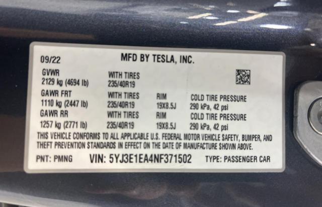 Photo 10 from auction – 2022 TESLA MODEL 3 with VIN 5YJ3E1EA4NF371502