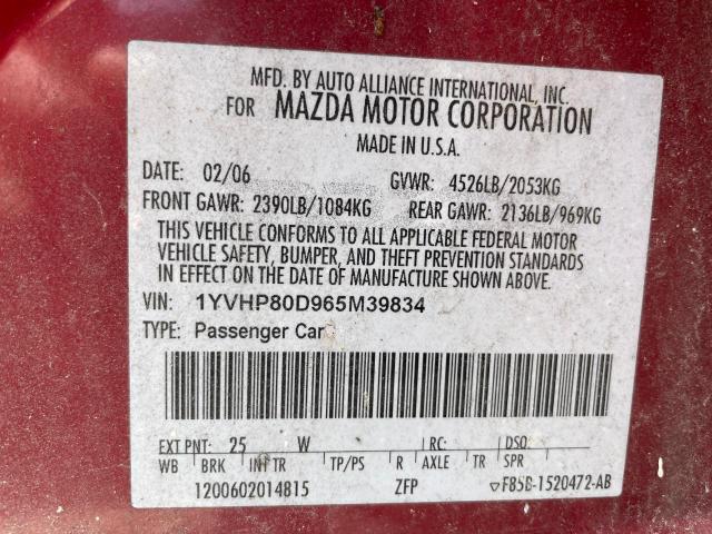 Фото 10 с аукциона – 2006 MAZDA 6 S с VIN 1YVHP80D965M39834