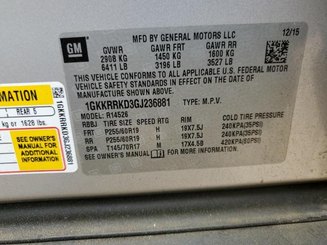 Photo 14 from auction – 2016 GMC ACADIA SLT with VIN 1GKKRRKD3GJ236881