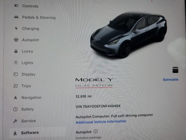 Photo 9 from auction – 2022 TESLA MODEL Y with VIN 7SAYGDEF2NF449484
