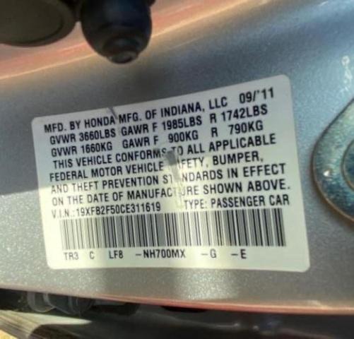 Photo 10 from auction – 2012 HONDA CIVIC LX with VIN 19XFB2F50CE311619