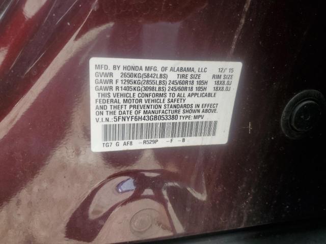 Photo 14 from auction – 2016 HONDA PILOT EX with VIN 5FNYF6H43GB053380