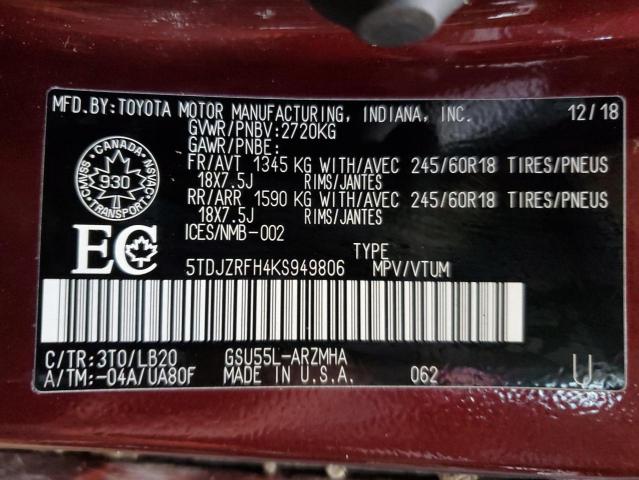 Photo 14 from auction – 2019 TOYOTA HIGHLANDER with VIN 5TDJZRFH4KS949806