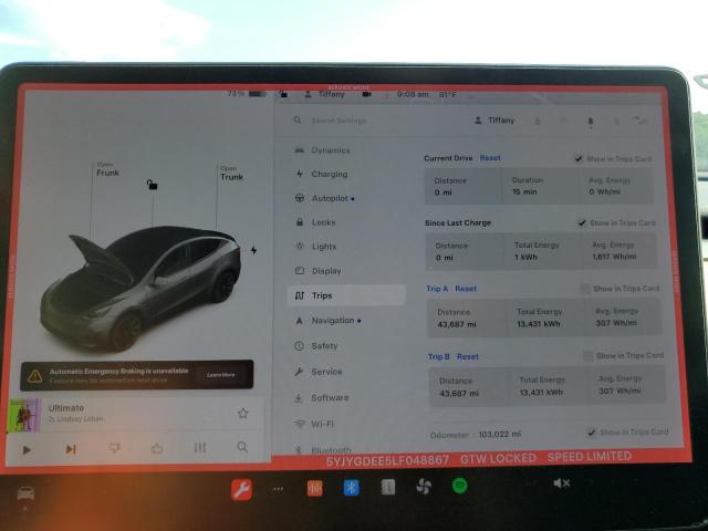 Photo 9 from auction – 2020 TESLA MODEL Y with VIN 5YJYGDEE5LF048867