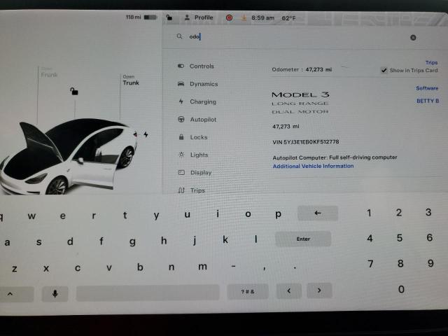 Photo 9 from auction – 2019 TESLA MODEL 3 with VIN 5YJ3E1EB0KF512778