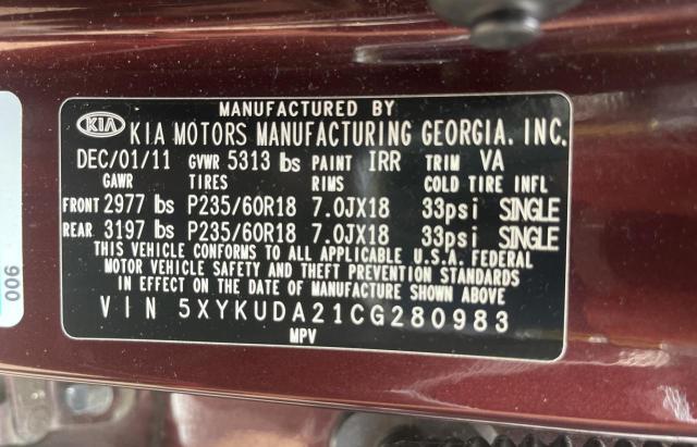 Photo 10 from auction – 2012 KIA SORENTO EX with VIN 5XYKUDA21CG280983