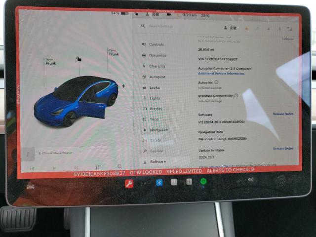 Photo 9 from auction – 2019 TESLA MODEL 3 with VIN 5YJ3E1EA5KF308937