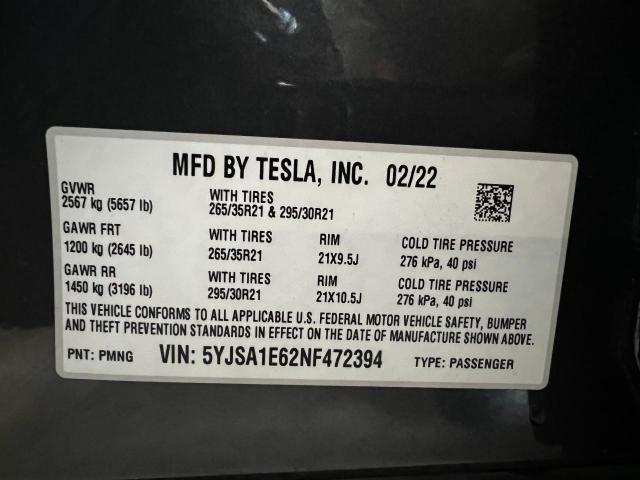 Photo 10 from auction – 2022 TESLA MODEL S with VIN 5YJSA1E62NF472394