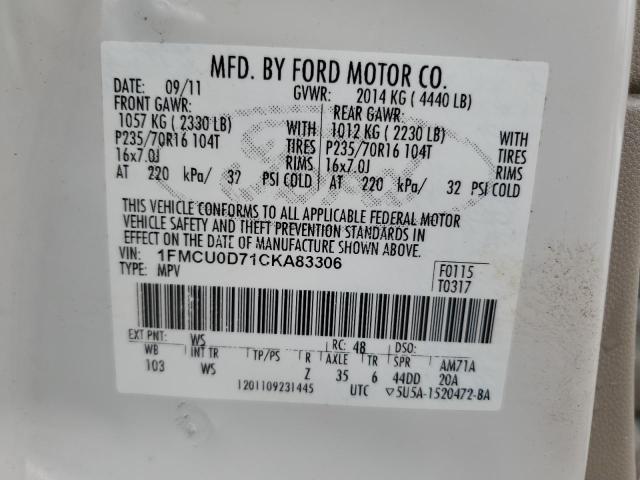Photo 14 from auction – 2012 FORD ESCAPE XLT with VIN 1FMCU0D71CKA83306