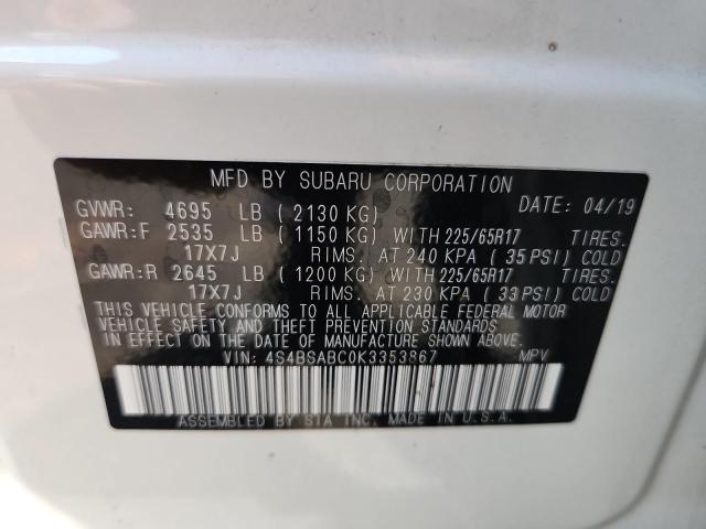 Photo 14 from auction – 2019 SUBARU OUTBACK 2. with VIN 4S4BSABC0K3353867