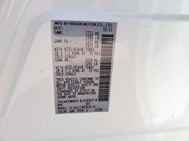 Фото 14 с аукциона – 2015 NISSAN PATHFINDER с VIN 5N1AR2MN0FC649974