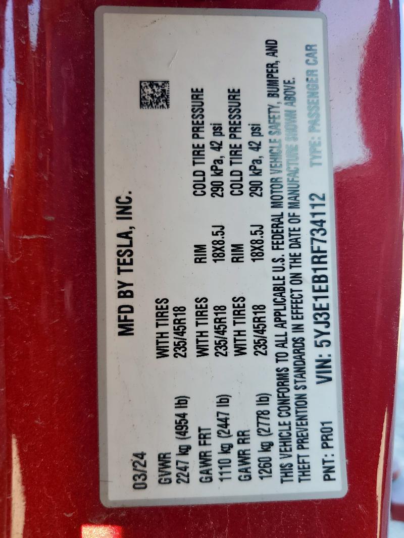 Photo 14 from auction – 2024 TESLA MODEL 3 with VIN 5YJ3E1EB1RF734112