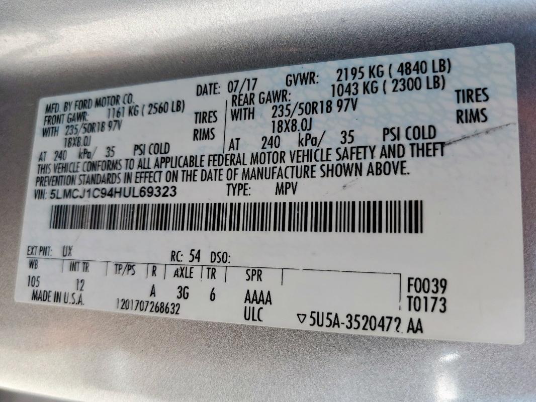 Photo 14 from auction – 2017 LINCOLN MKC PREMIE with VIN 5LMCJ1C94HUL69323