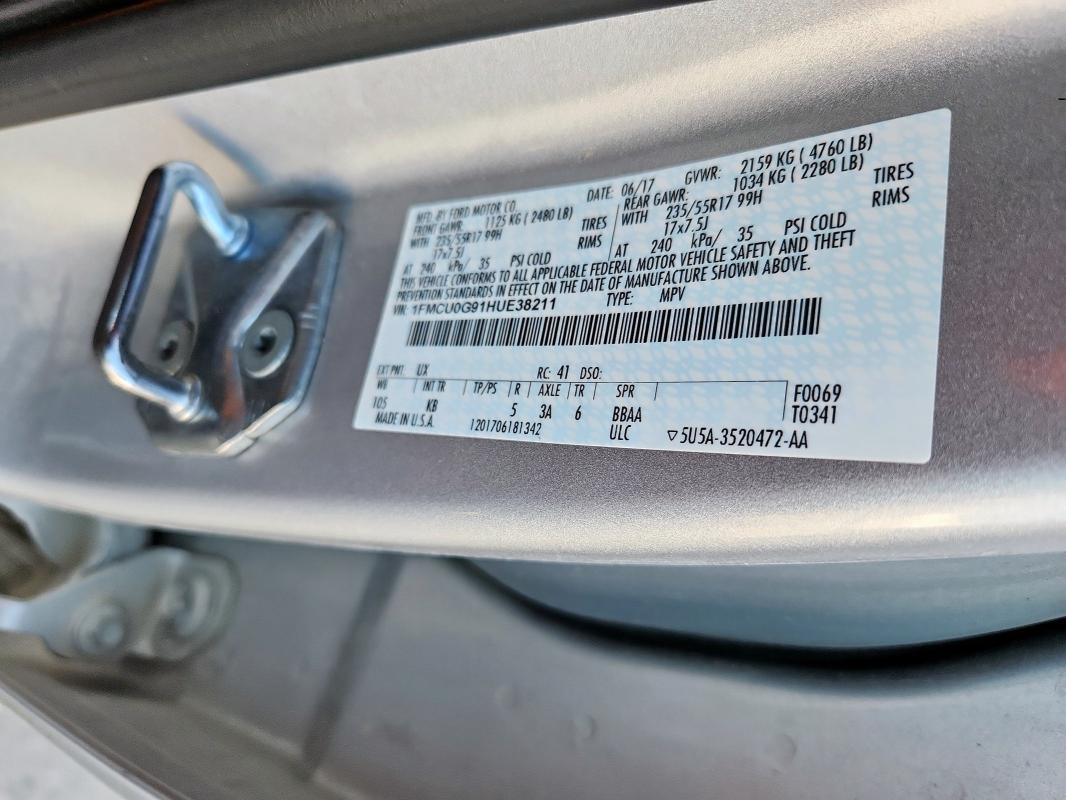 Photo 14 from auction – 2017 FORD ESCAPE SE with VIN 1FMCU0G91HUE38211