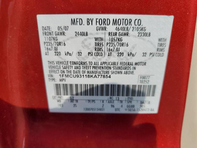Photo 14 from auction – 2008 FORD ESCAPE XLT with VIN 1FMCU93118KA77854