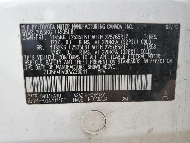 Photo 14 from auction – 2012 TOYOTA RAV4 with VIN 2T3BF4DV0CW233011