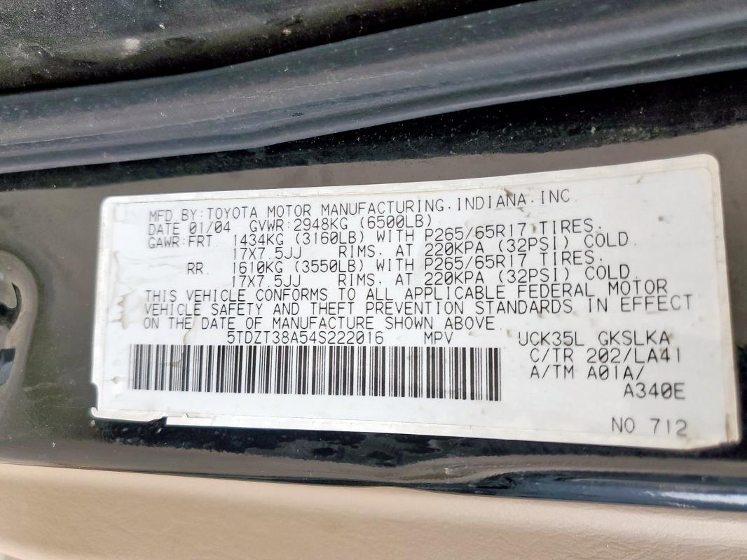 Photo 14 from auction – 2004 TOYOTA SEQUOIA LI with VIN 5TDZT38A54S222016