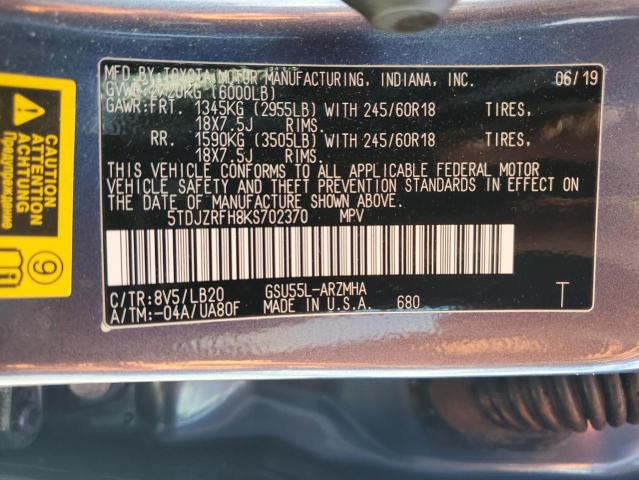 Photo 14 from auction – 2019 TOYOTA HIGHLANDER with VIN 5TDJZRFH8KS702370