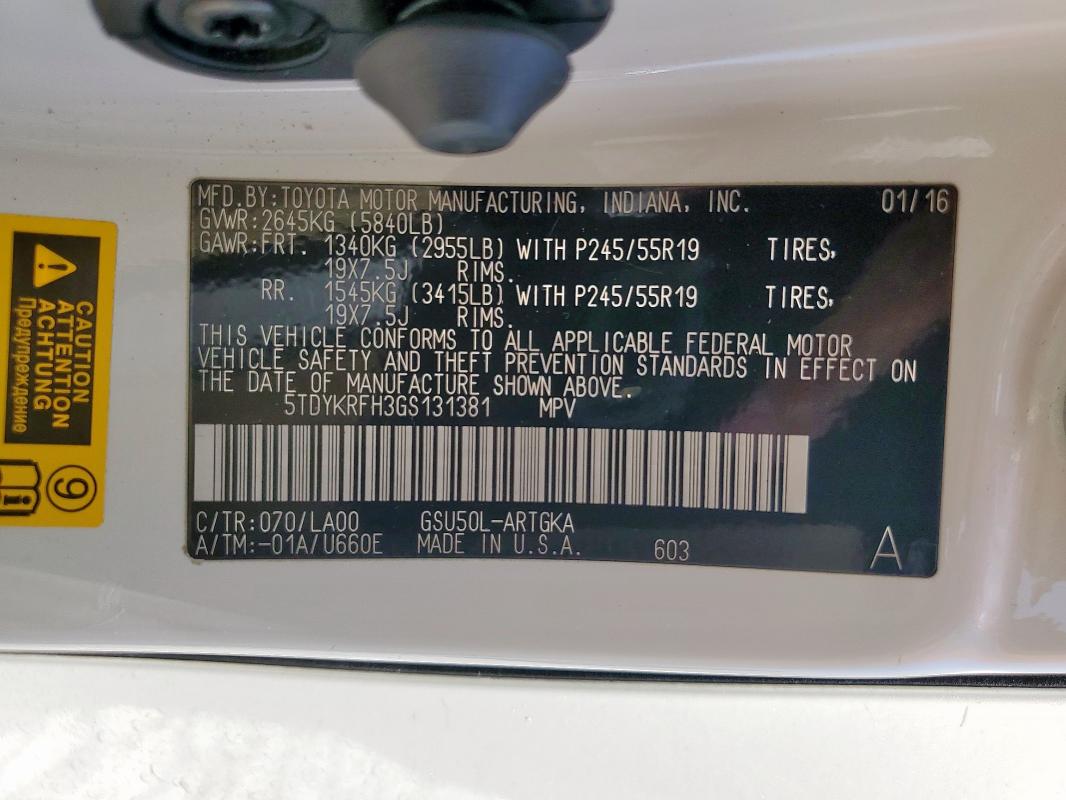 Photo 14 from auction – 2016 TOYOTA HIGHLANDER with VIN 5TDYKRFH3GS131381