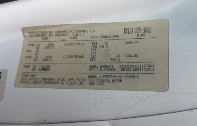 Photo 10 from auction – 2003 CHEVROLET EXPRESS G3 with VIN 1GBJG31U831126516