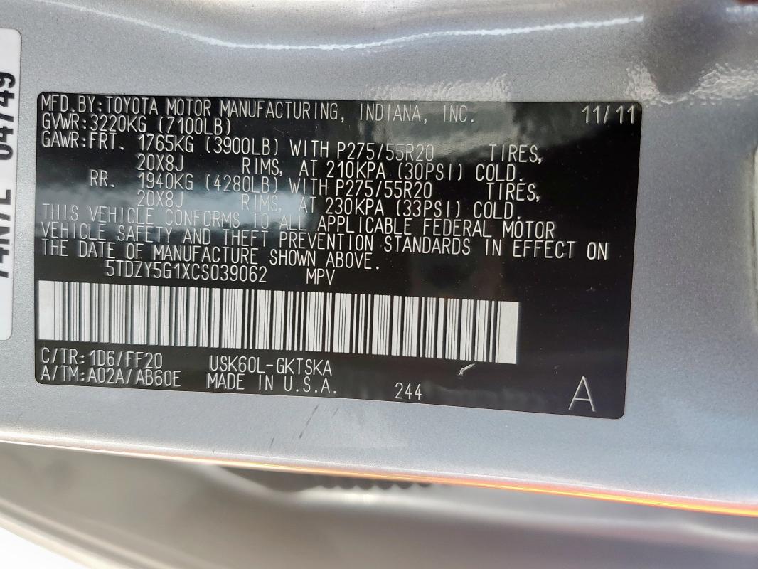 Photo 14 from auction – 2012 TOYOTA SEQUOIA SR with VIN 5TDZY5G1XCS039062