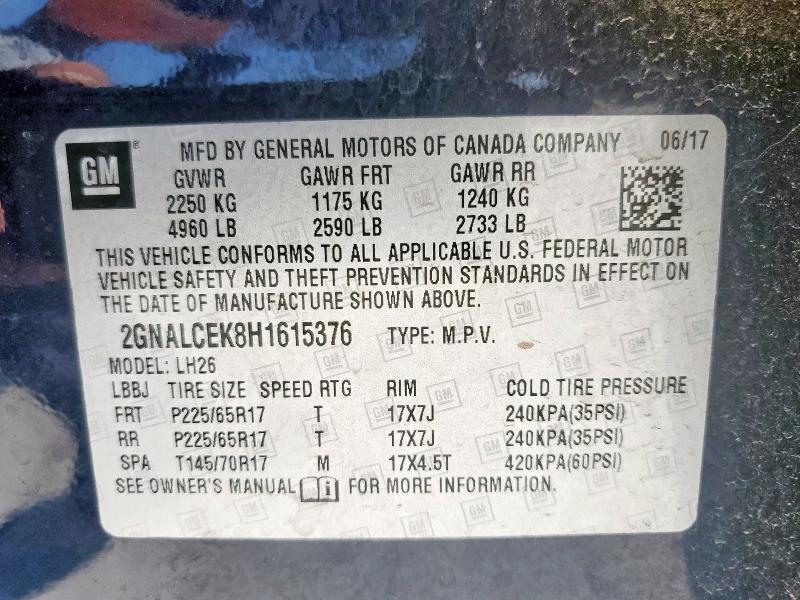 Photo 14 from auction – 2017 CHEVROLET EQUINOX LT with VIN 2GNALCEK8H1615376