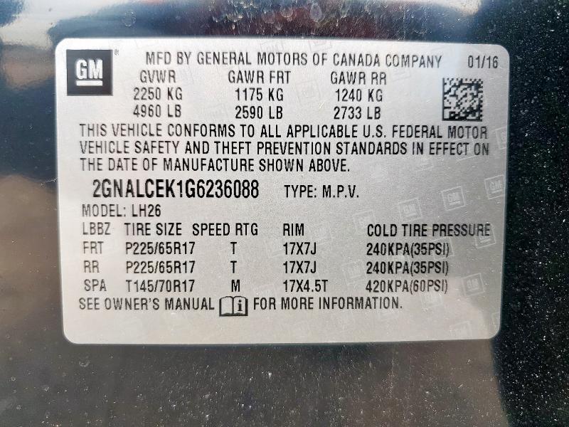 Photo 14 from auction – 2016 CHEVROLET EQUINOX LT with VIN 2GNALCEK1G6236088