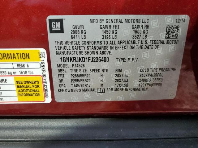 Photo 14 from auction – 2015 CHEVROLET TRAVERSE LTZ with VIN 1GNKRJKD1FJ236400