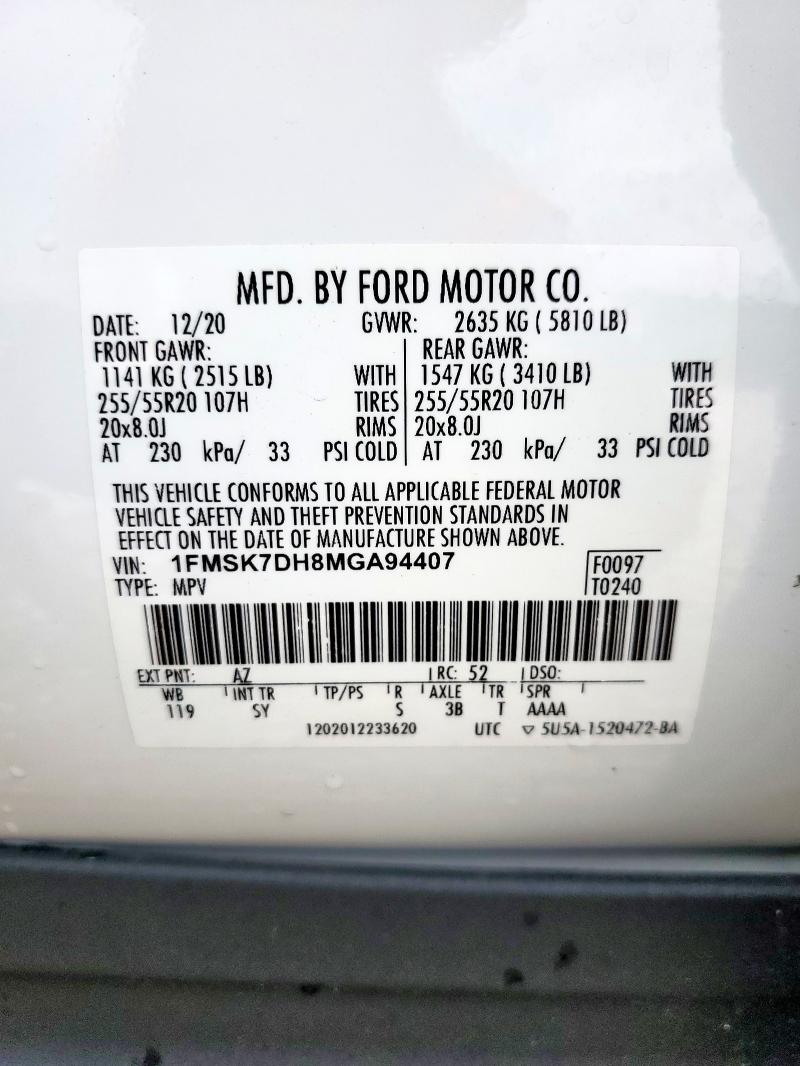 Photo 14 from auction – 2021 FORD EXPLORER X with VIN 1FMSK7DH8MGA94407