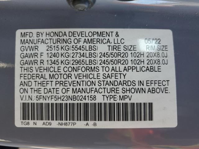 Photo 14 from auction – 2022 HONDA PILOT SE with VIN 5FNYF5H23NB024158
