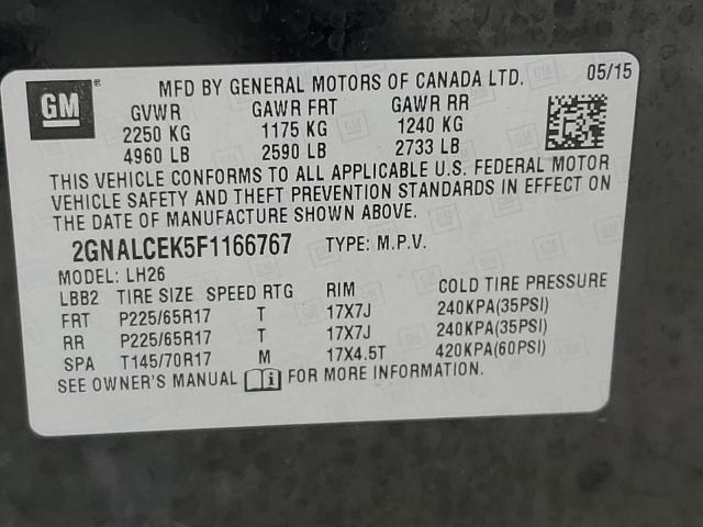 Photo 14 from auction – 2015 CHEVROLET EQUINOX LT with VIN 2GNALCEK5F1166767